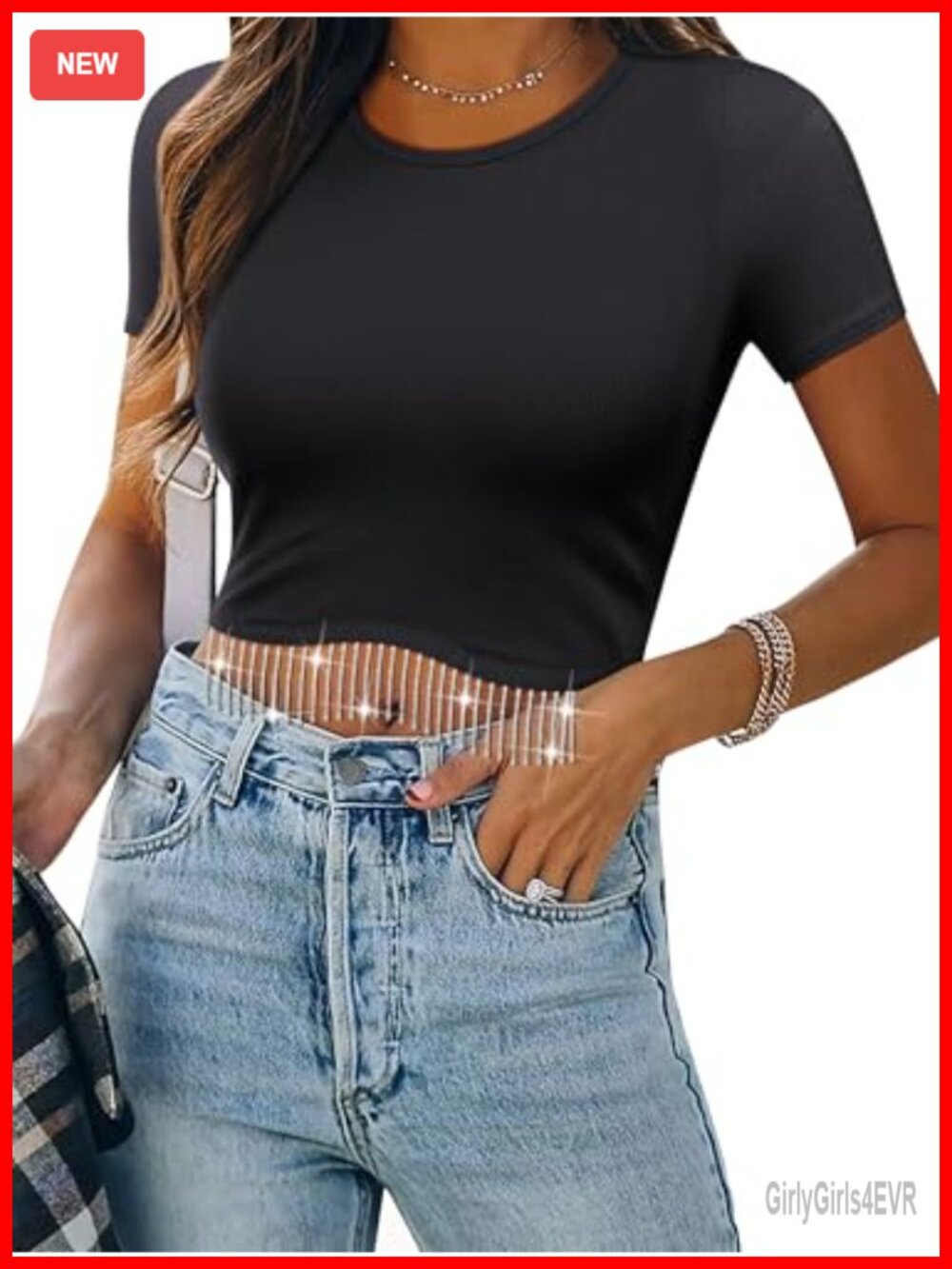 Sparkly Glitter Fringe Short Sleeve Cropped Top with Rhinestone Tassel